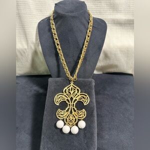 Vtg: Oversized Fleur de Lis Pendant Necklace accented by Lucite White Beads